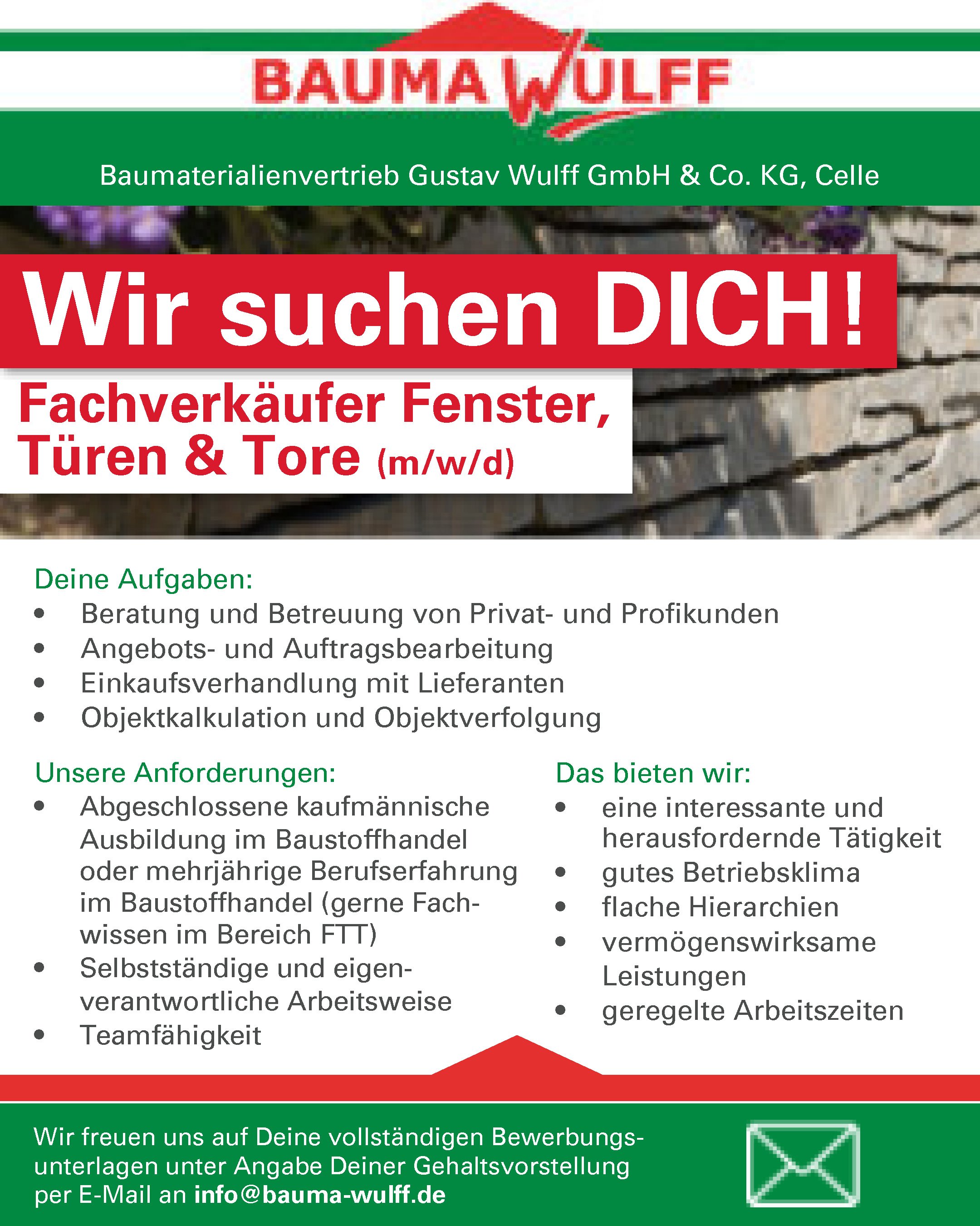 Stellenangebot Fachverkäufer Fenster, Türen, Tore